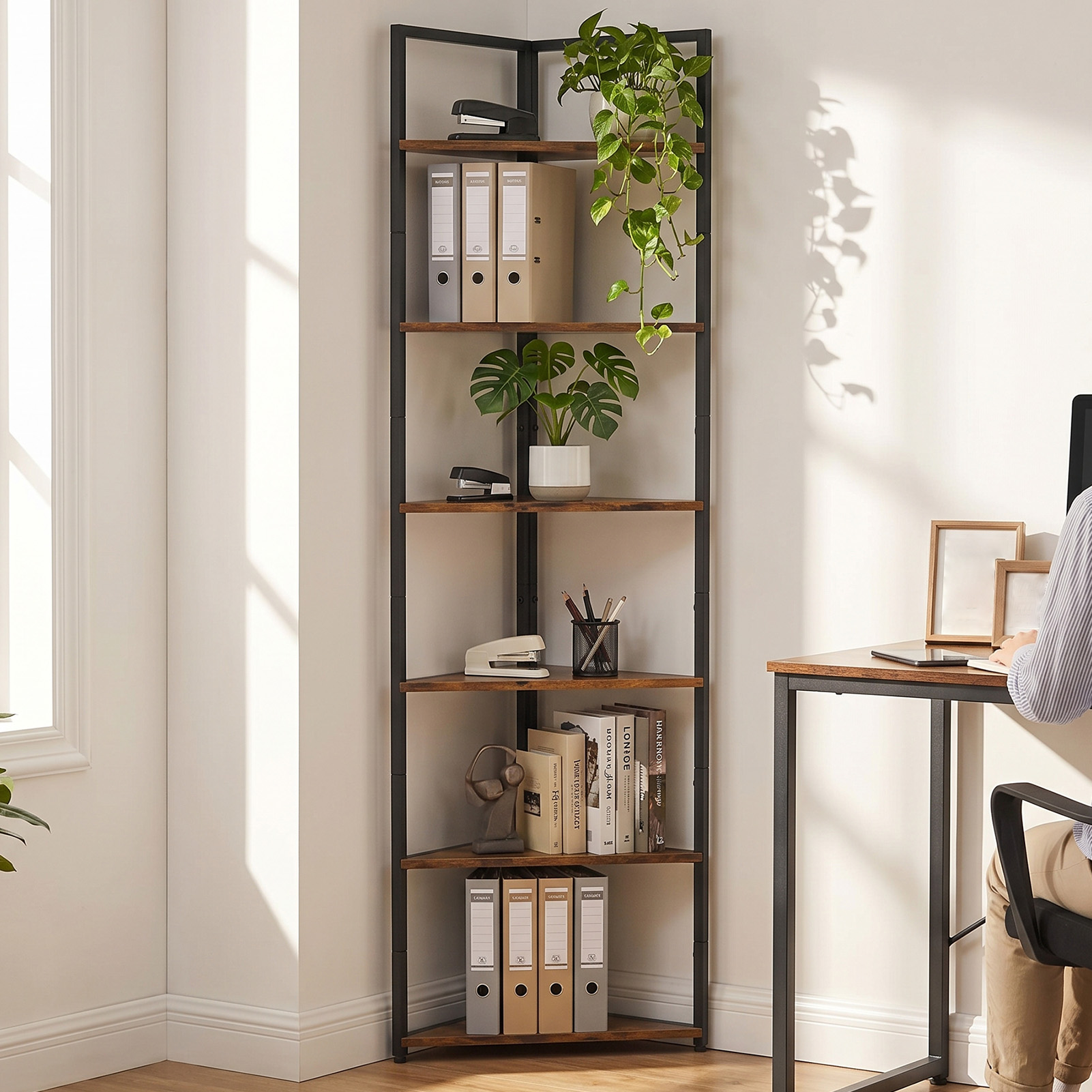 6 Tier Corner Shelf 71.7 Inch Wooden Tall Bookshelf Storage Rack With Metal Frame Retro Style For Living Room Office Bedroom