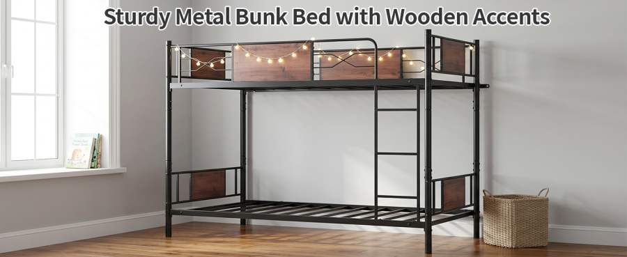 Full Over Full Bunk Bed Detachable Metal Bunk Bed Frame With Higher Guardrail Ladder Under Bed Storage No Box Spring Needed For Dormitory Kids' Room