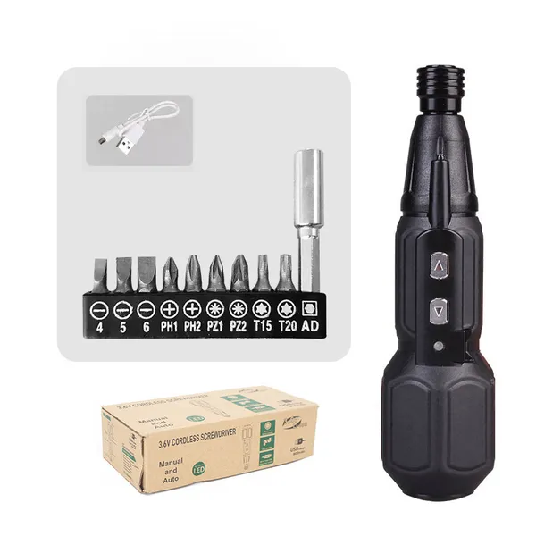 Electric Screwdriver Set 9 Bits USB Rechargeable Cordless Lithium Battery Power Screwdriver Kit Black Box