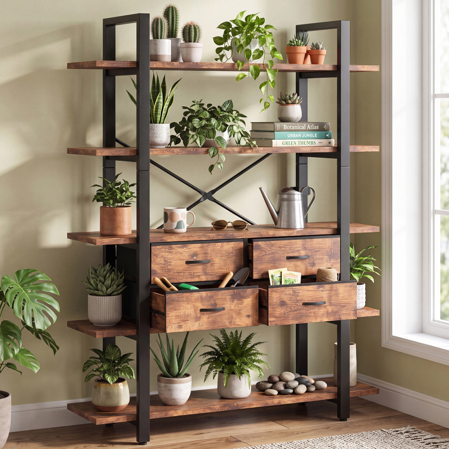 5 Tier Tall Bookshelf Metal Wooden Industrial Modern Open Display Book Shelf Bookcase With 4 Drawers For Living Room