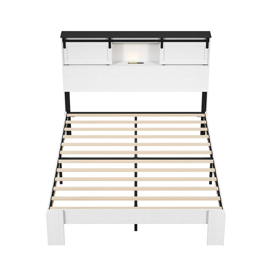 Farmhouse Queen Size Bed Frame With Storage Headboard Barn Door Charging Station Wood Slats No Box Spring Needed White