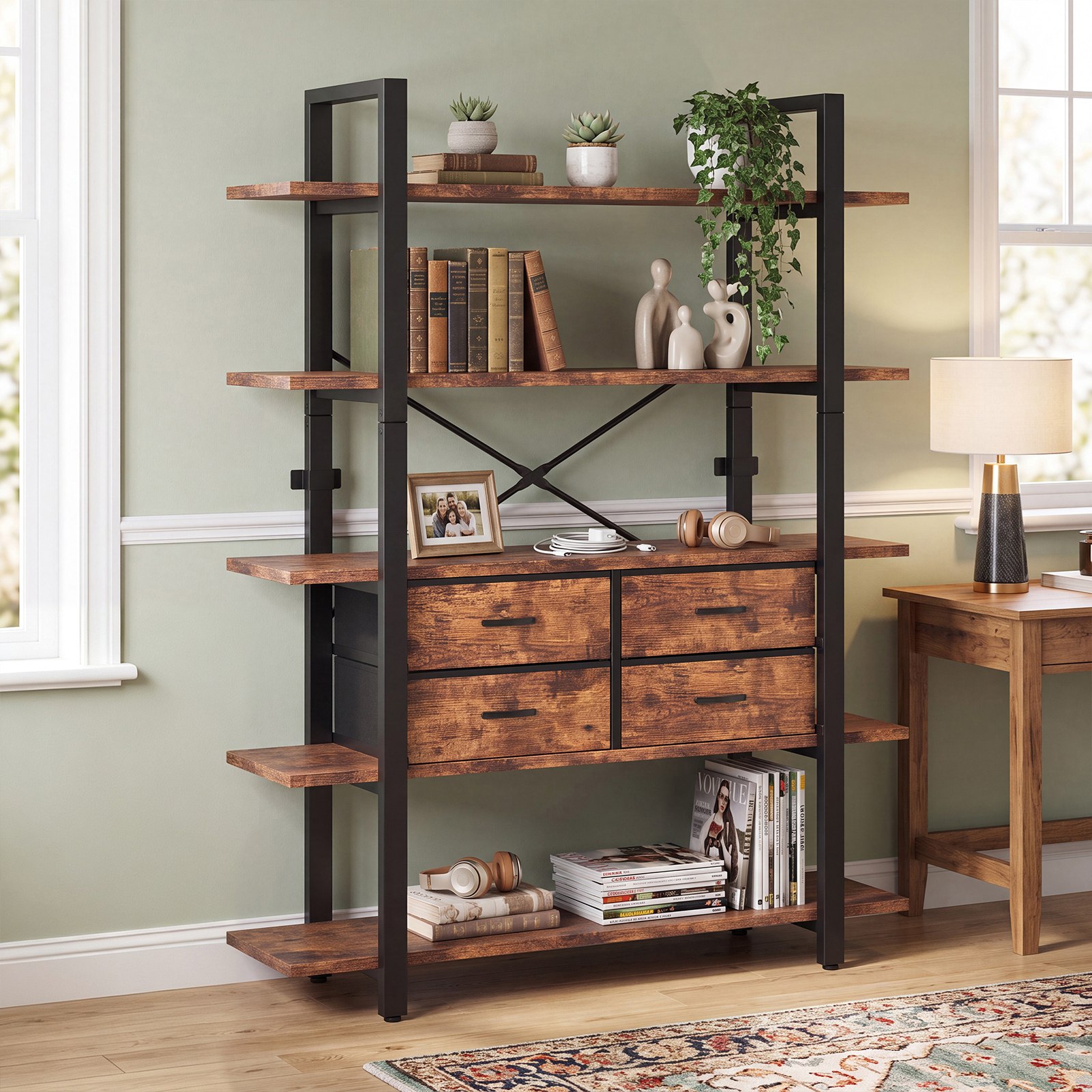 5 Tier Tall Bookshelf Metal Wooden Industrial