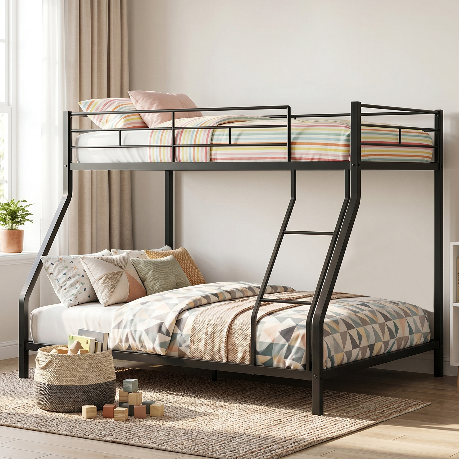 Bunk Bed Twin Over Full Metal Heavy Duty Modern Bunk Bed Frame With Ladder And High Guardrail For Bedroom Noiseless No Box Spring Required