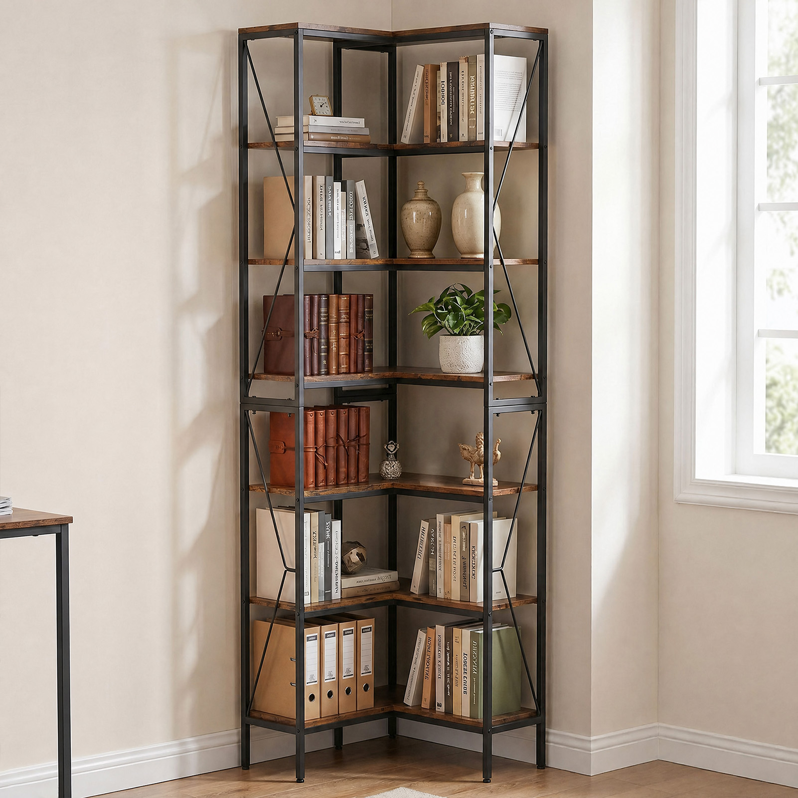 7 Tier Bookshelf Industrial L Shaped Corner Shelf Open Display Rack With Metal Frame For Living Room Home Office Vintage Color