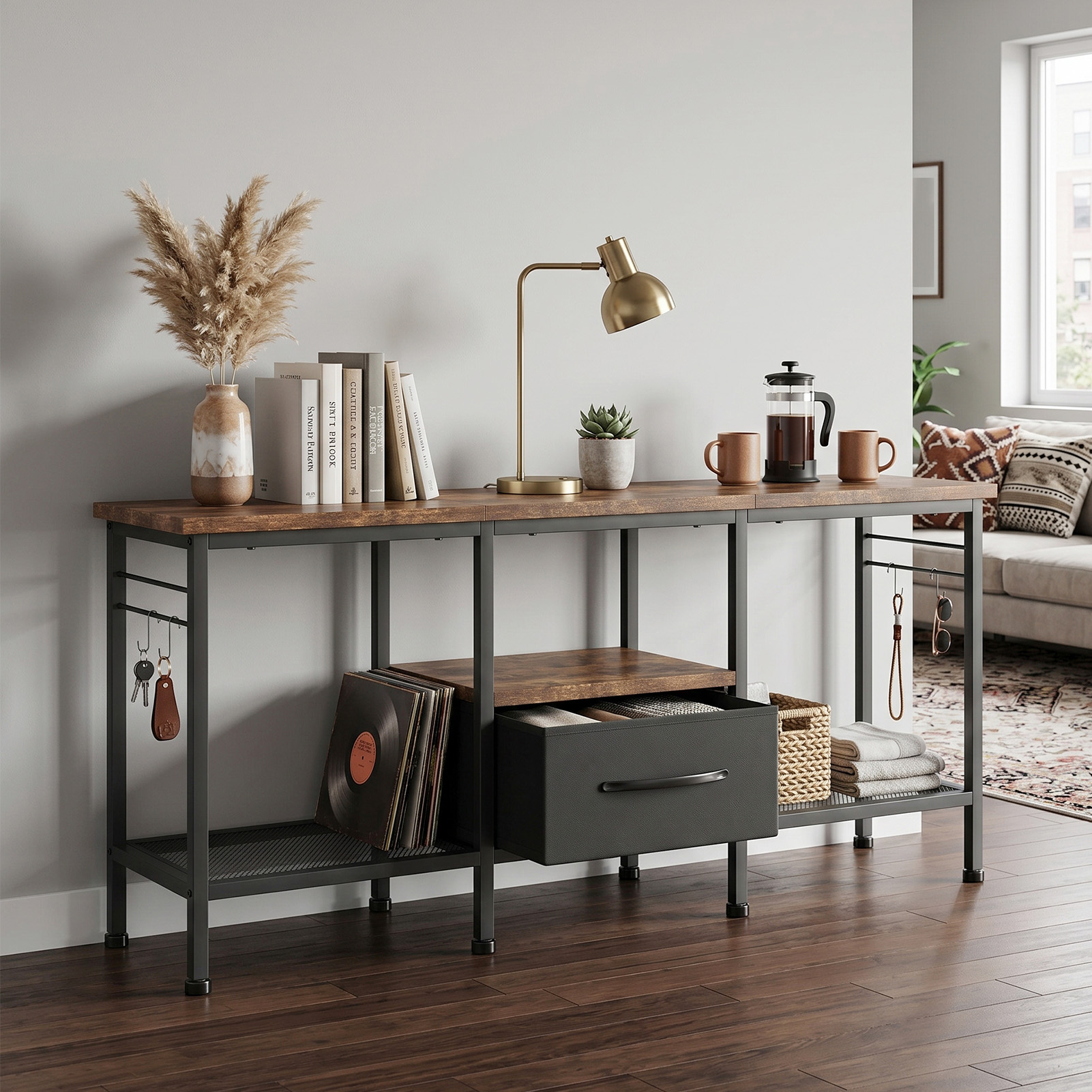 TV Stand With Fabric Drawer Open Storage Shelves Vintage Industrial Style Entertainment Center For 55 Inch TV Media Devices Game Consoles