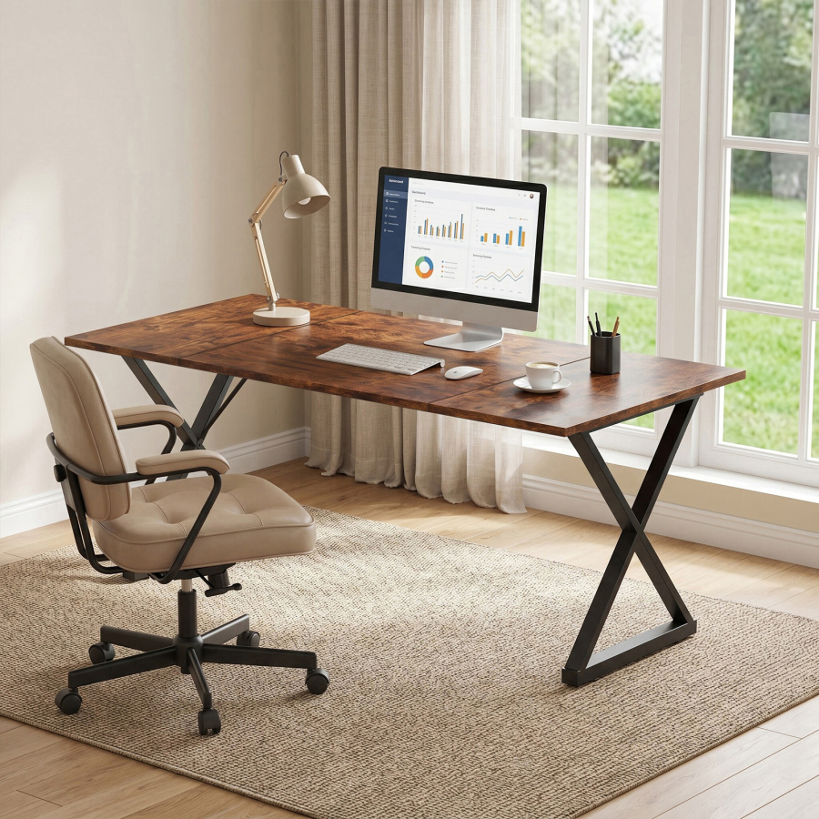 Executive Desk Wooden Computer Desk Ergonomic Business Writing Table With Metal Legs For Home Office Vintage Color Easy Assembly