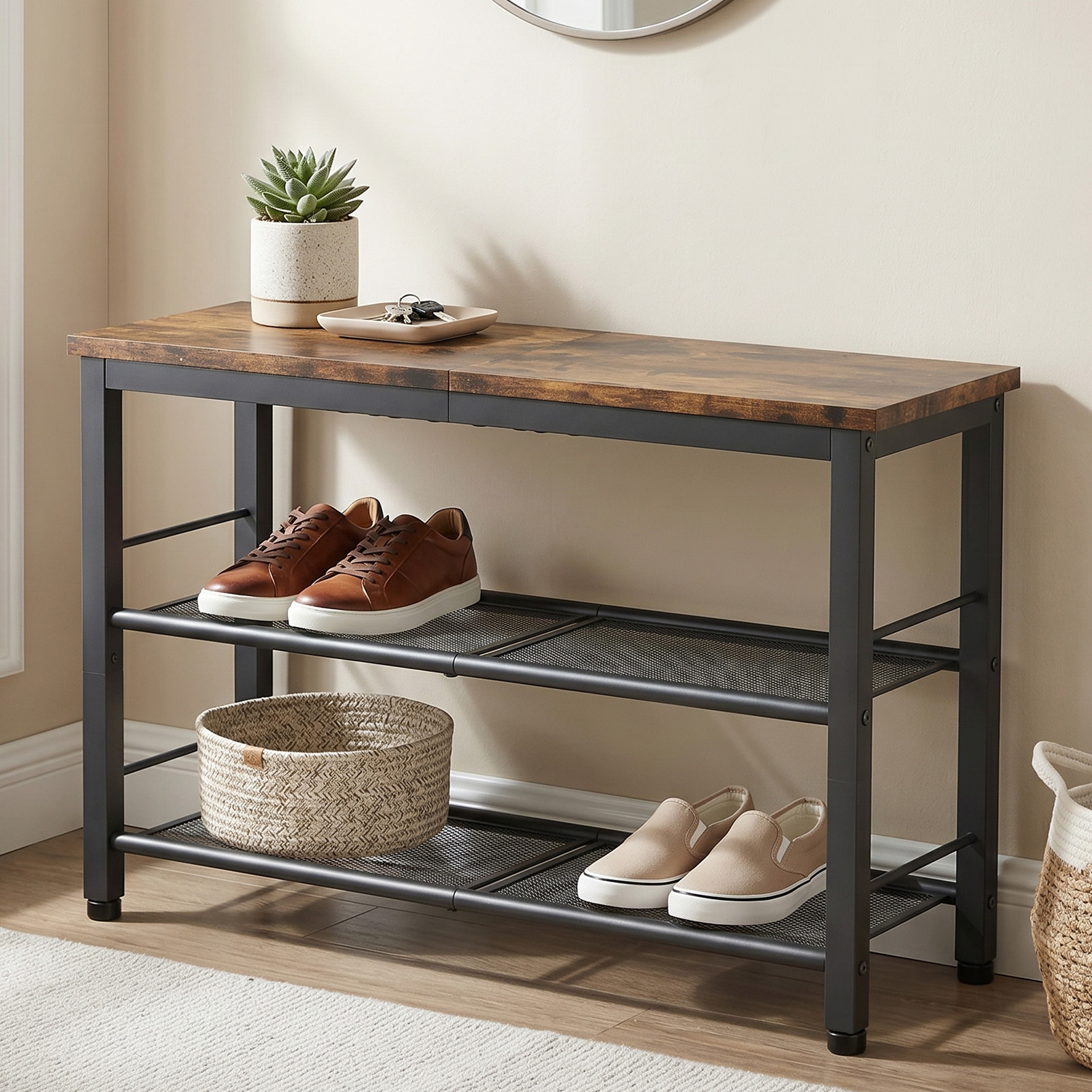 Wood Shoe Bench 3 Tier Shoe Organizer Storage Rack With Metal Frame Industrial Style For Entryway Hallway Living Room Easy Assembly