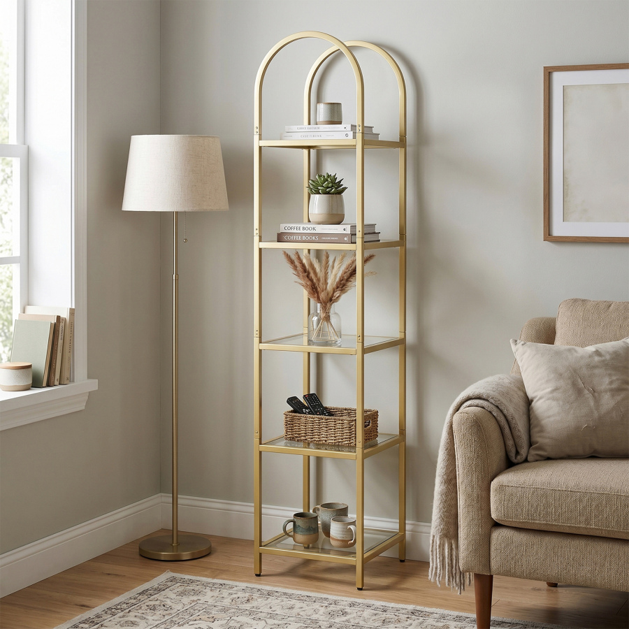 5 Tier Open Bookshelf Metal Tempered Glass Modern Tall Bookcase Display Storage Shelf Rack For Home Gold