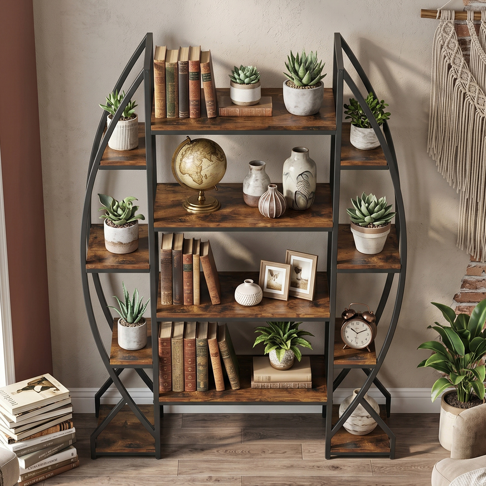 Oval Bookshelf Industrial Vintage Metal Wood Bookcase