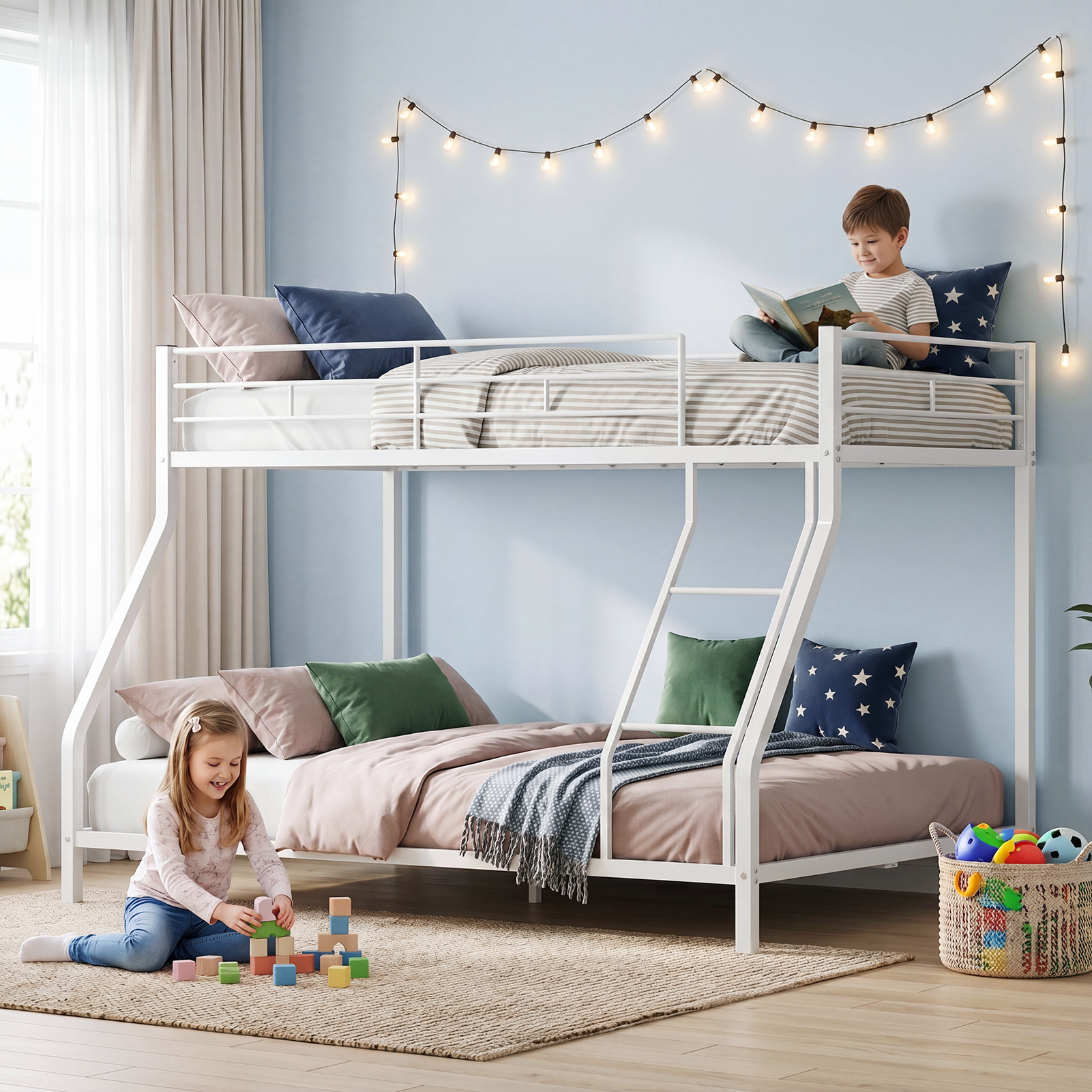 Bunk Bed Twin Over Full Metal Heavy Duty Modern Bunk Bed Frame With Ladder And High Guardrail For Bedroom Noiseless No Box Spring Required
