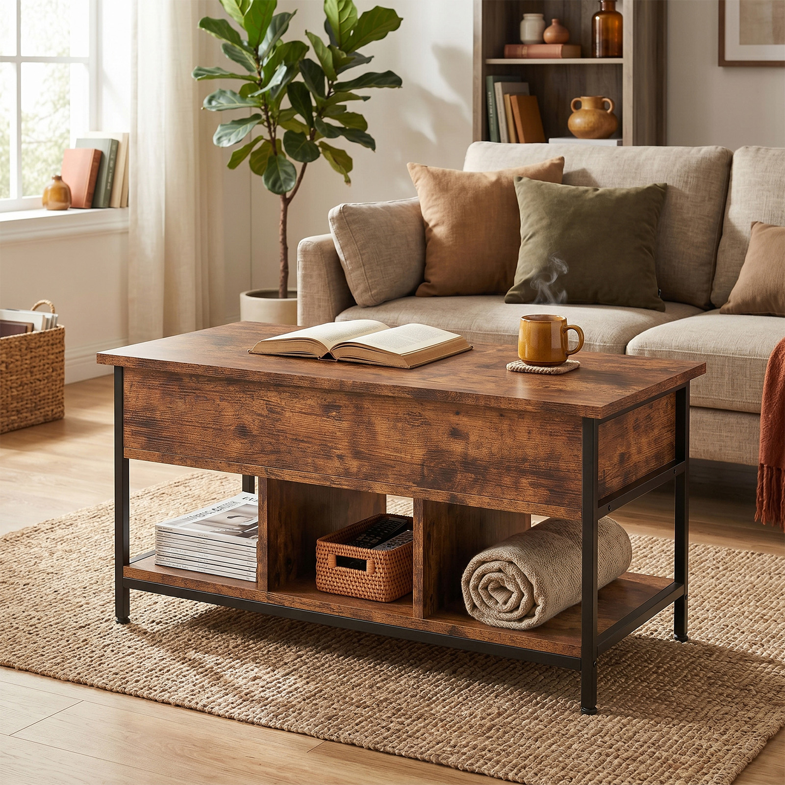 Lift Top Coffee Table With Hidden Compartment Storage Shelf Rising Tabletop Center Table For Living Room Retro Color — foto 4