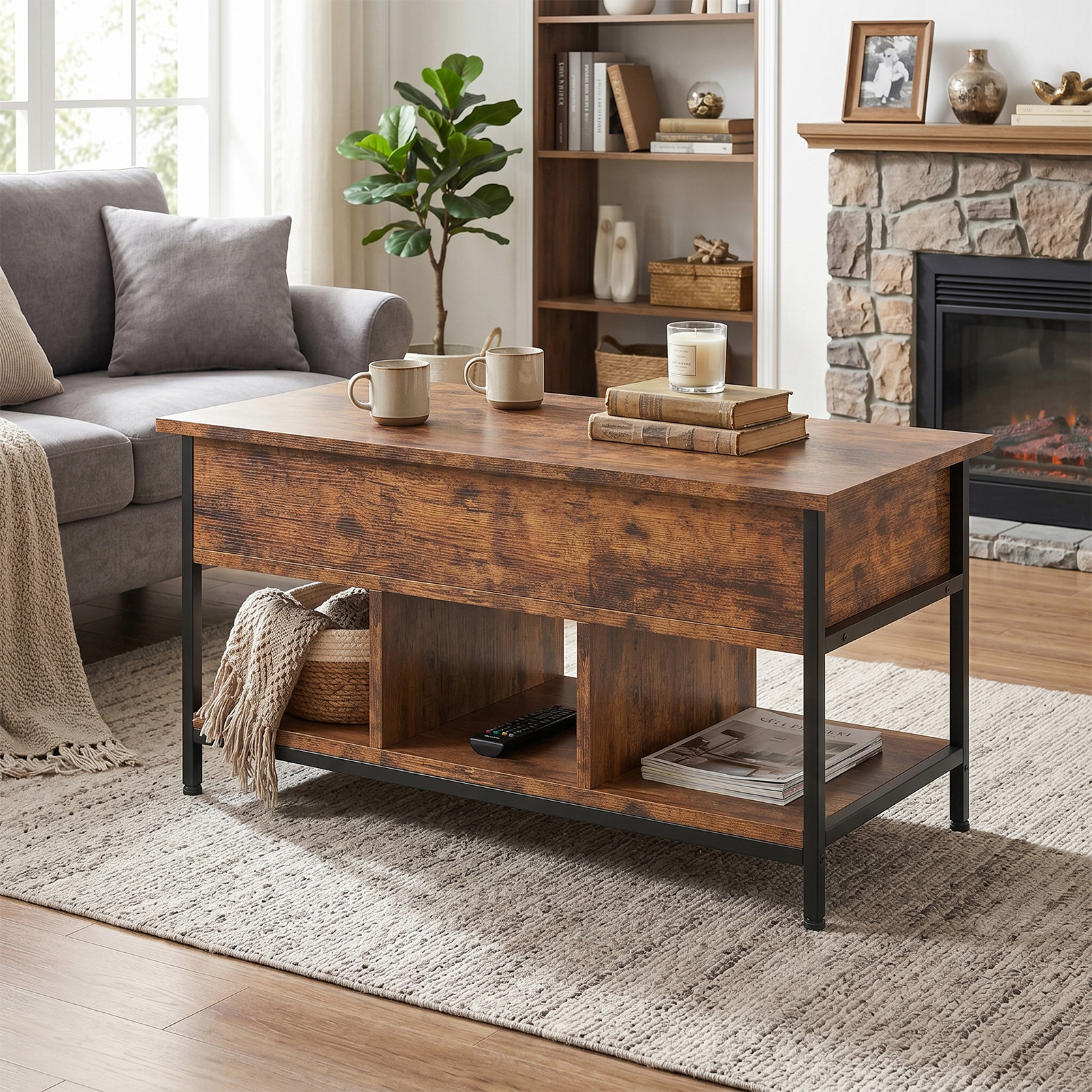 Lift Top Coffee Table With Hidden Compartment Storage Shelf Rising Tabletop Center Table For Living Room Retro Color