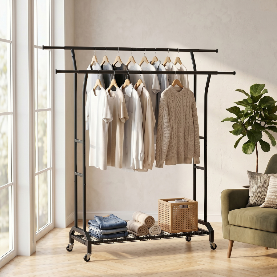 Garment Rack Black Height Adjustable Heavy Duty Metal Clothes Rack With Double Extendable Rods Wheels Mesh Shelf For Bedroom Laundry Room