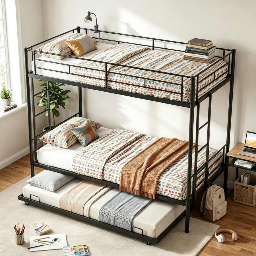 Bunk Bed With Trundle Twin Over Twin Bunk Bed Frame With Dual Ladder And Safety Rails No Box Spring Needed Noiseless Space Saving Design