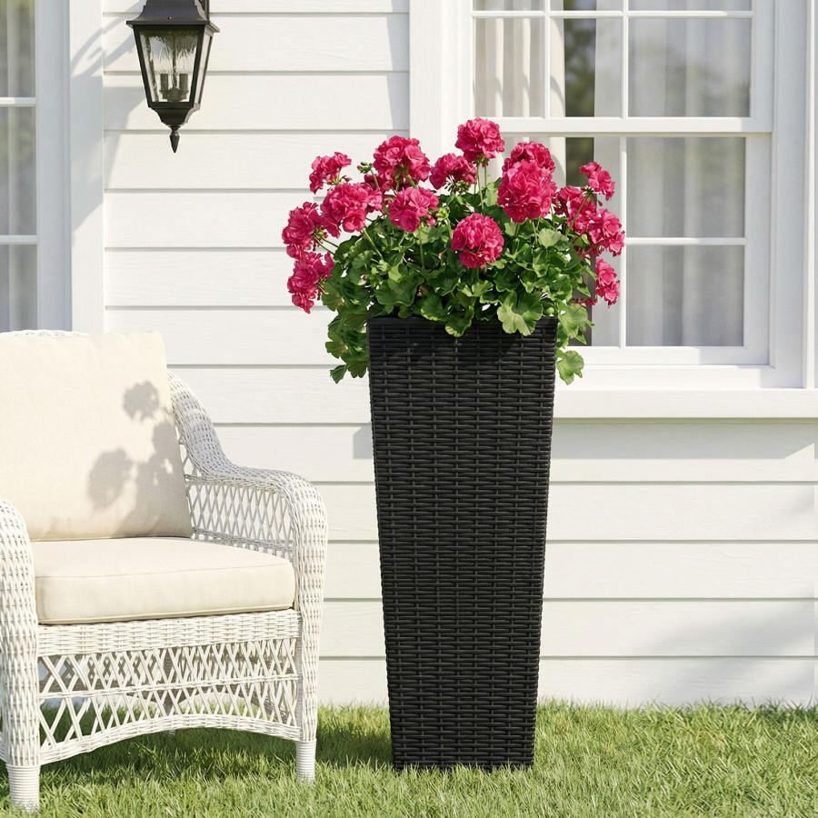 2PCS 32 Inch Tall Planter Resin Rattan Texture Modern Rectangular Tall Plant Pot With Removable Inner Pots Drainage Holes For Porch Garden Yard Black