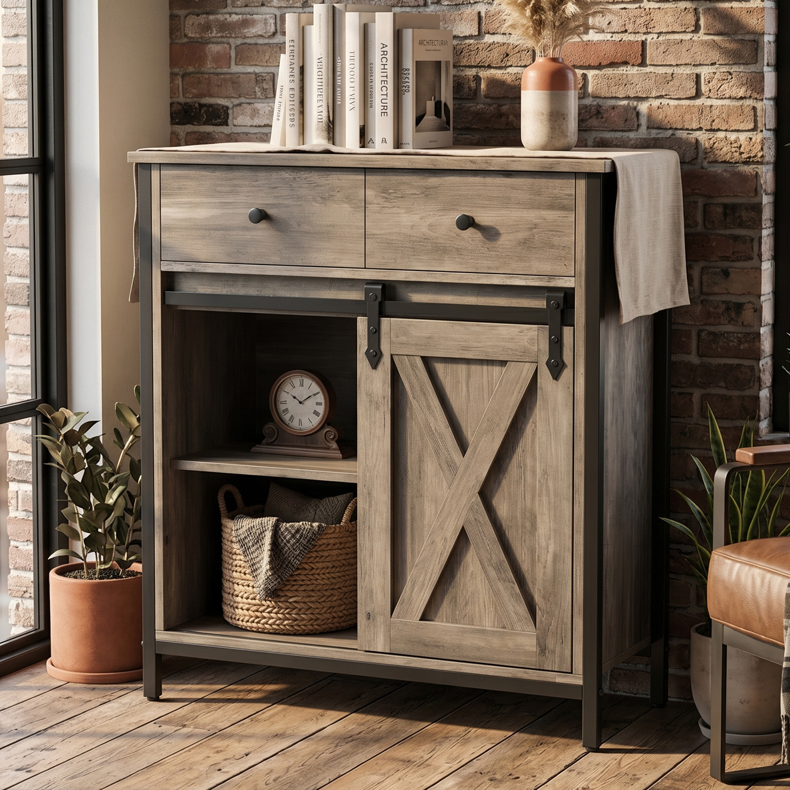 Buffet Cabinet Farmhouse Sideboard Coffee Bar Storage Cabinet With Sliding Barn Door Drawer Adjustable Shelf For Living Room