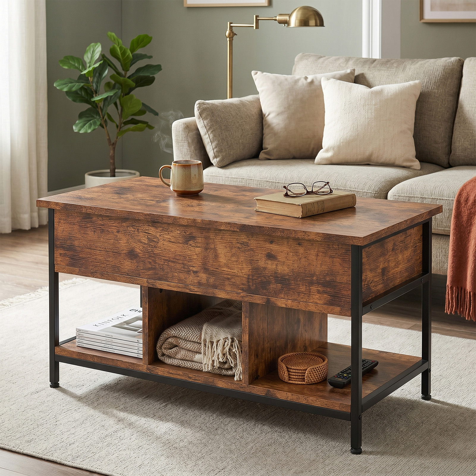 Lift Top Coffee Table With Hidden Compartment Storage Shelf Rising Tabletop Center Table For Living Room Retro Color — foto 3