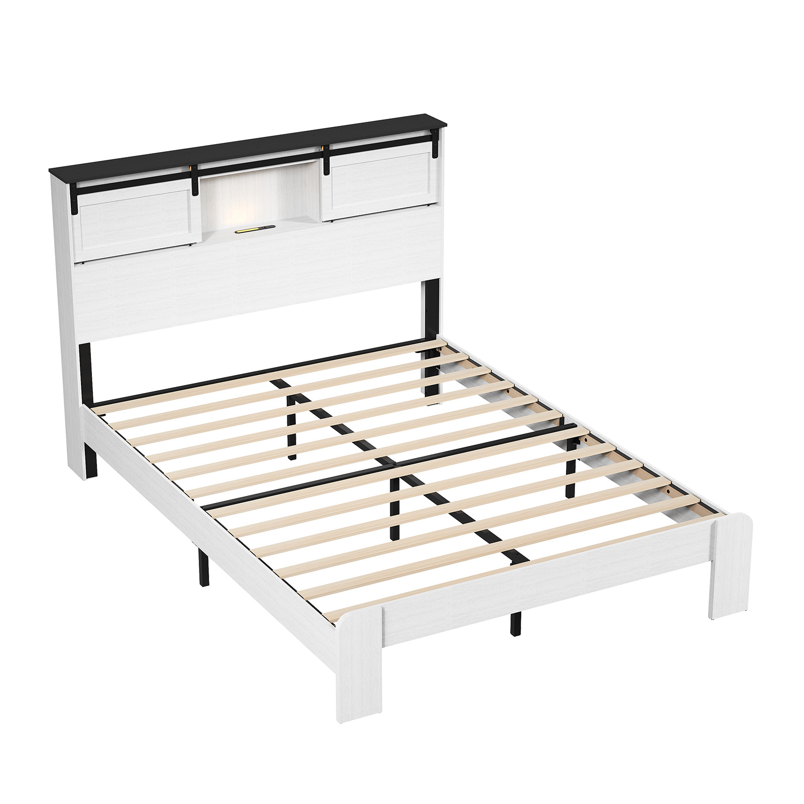 Farmhouse Queen Size Bed Frame With Storage Headboard Barn Door Charging Station Wood Slats No Box Spring Needed White