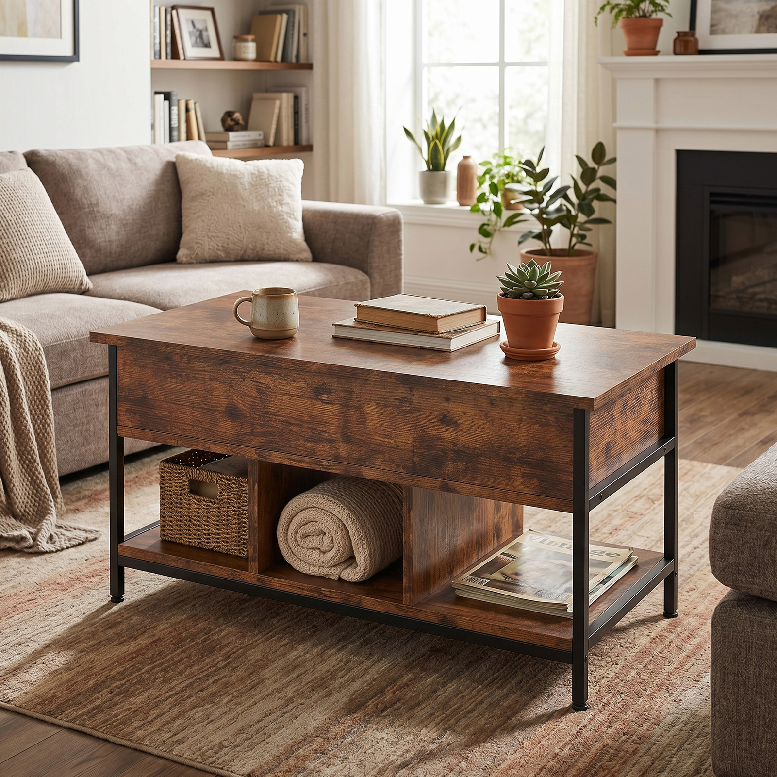 Lift Top Coffee Table With Hidden Compartment Storage Shelf Rising Tabletop Center Table For Living Room Retro Color — foto 2
