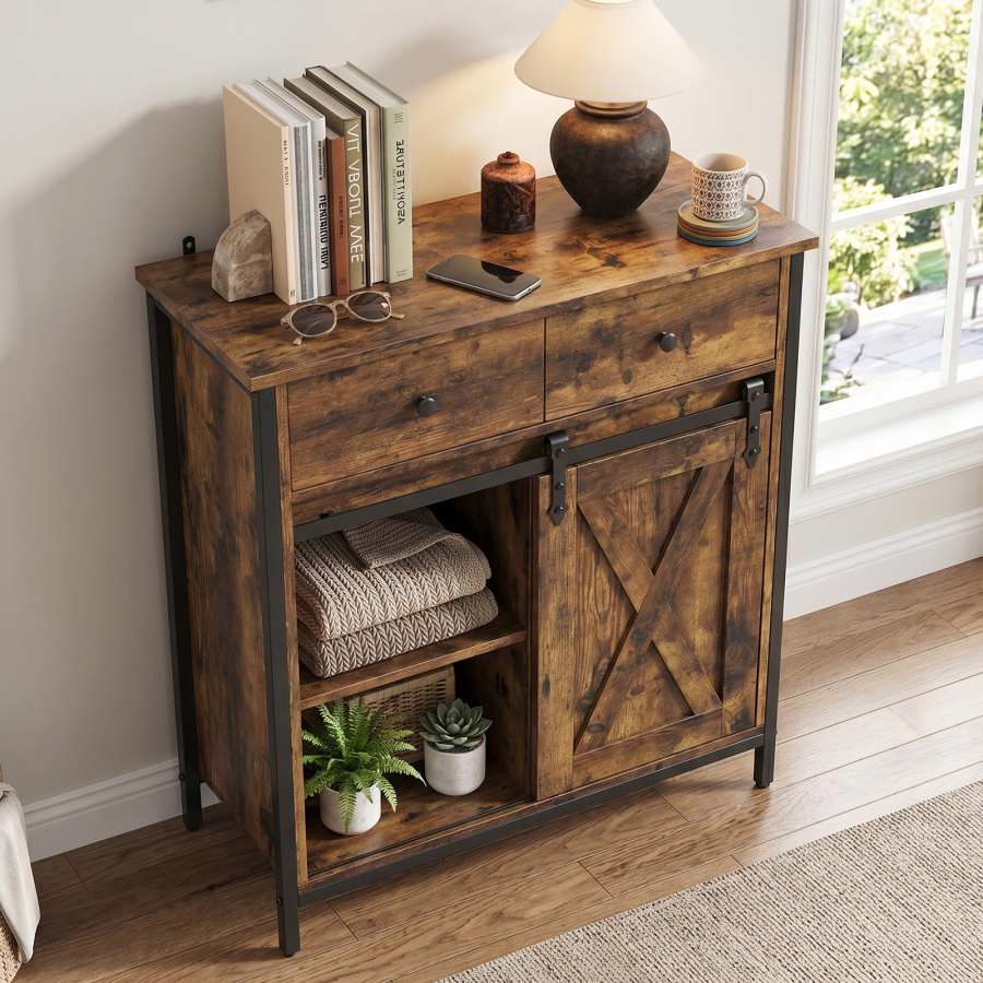 Buffet Cabinet Farmhouse Sideboard Coffee Bar Storage Cabinet With Sliding Barn Door Drawer Adjustable Shelf For Living Room
