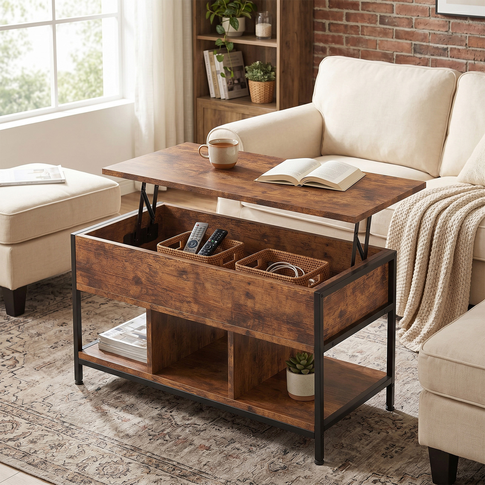 Lift Top Coffee Table With Hidden Compartment Storage Shelf Rising Tabletop Center Table For Living Room Retro Color — foto 5
