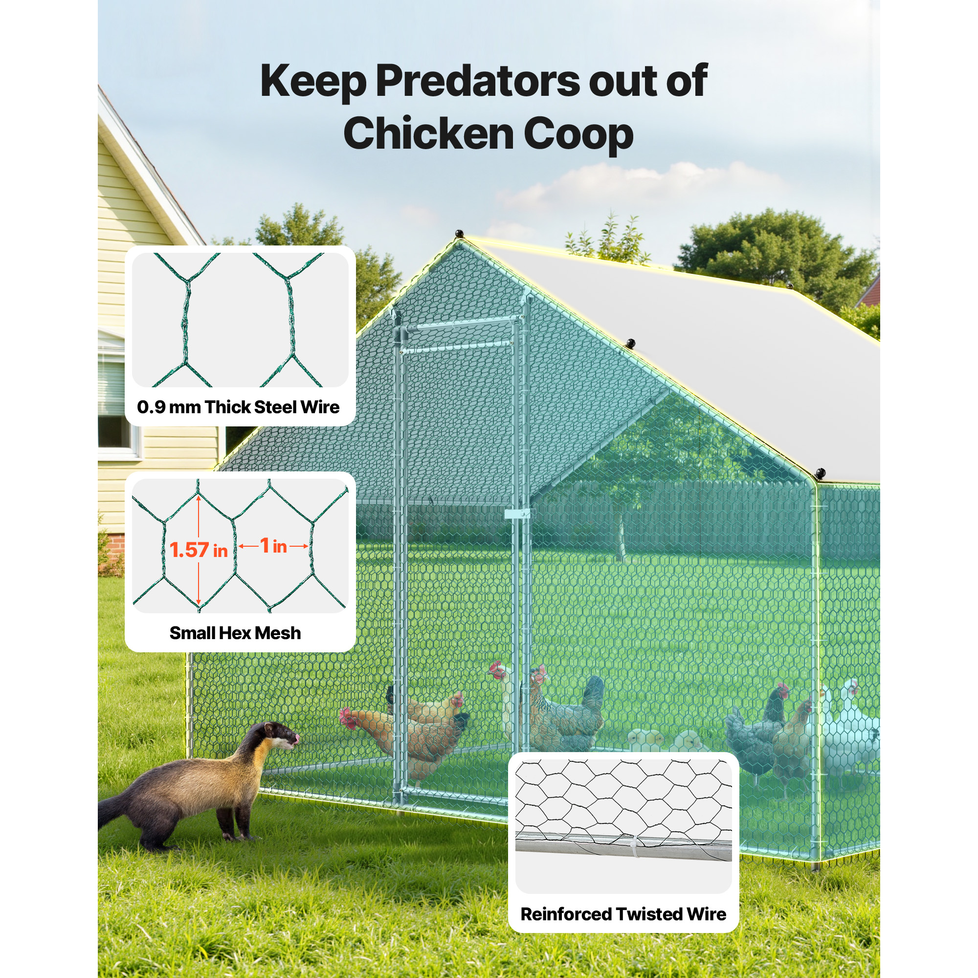 Large Metal Chicken Coop, 9.8 X 6.6 X 6.6 Ft, Walk-in Chicken Runs With Waterproof Cover, Spire Roof Hen House Enclosure With Lock, Outdoor Duck Rabbit Cage Poultry Pen For Backyard, Farm, Yard