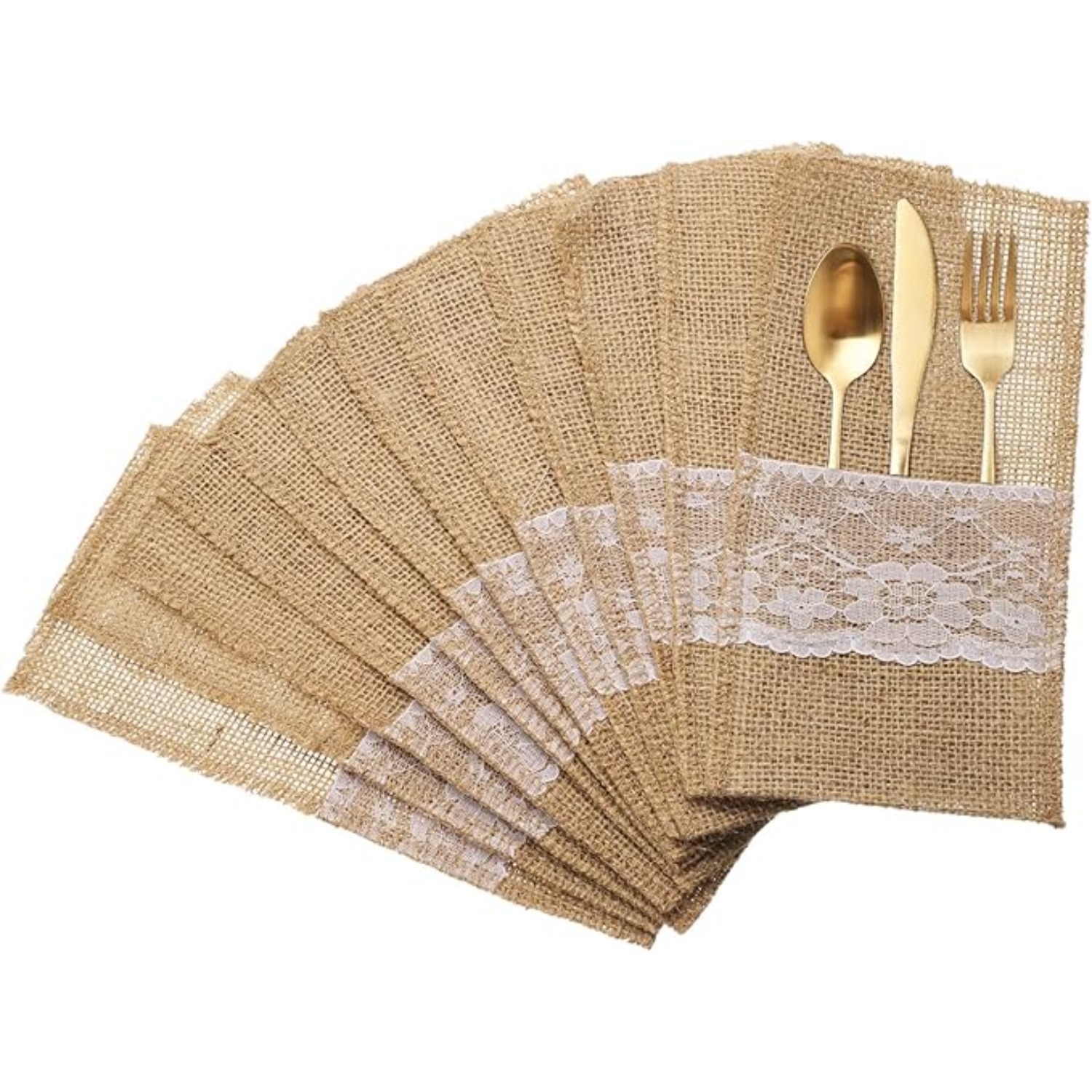20-piece Utensil Holder Bag, Lace Utensil Holder, Jute Napkin Bag For Vintage Weddings, Parties, Dinners, Thanksgiving, Banquets, And Tableware Decorations