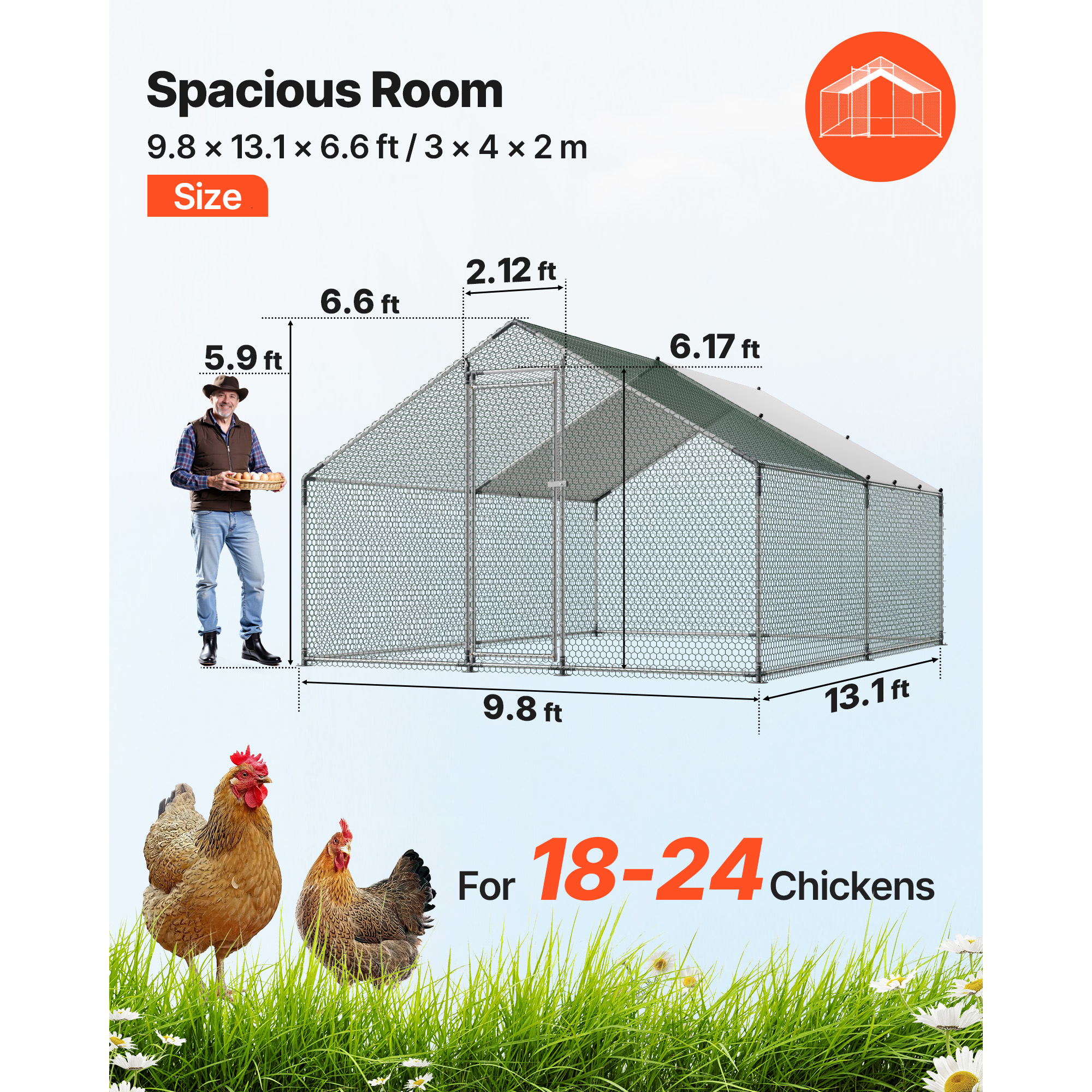 Large Metal Chicken Coop, 9.8 X 13.1 X 6.6 Ft, Walk-in Chicken Runs With Waterproof Cover, Spire Roof Hen House Enclosure With Lock, Outdoor Duck Rabbit Cage Poultry Pen For Backyard, Farm, Yard