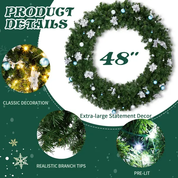 48in Pre-lit Christmas Wreath, Lighted Artificial Xmas Wreath With 150 Cold & Warm White Lights And 450 PVC Tips And DIY Ornaments, For Front Door Gate Wall Xmas Party Decorations, Light Green