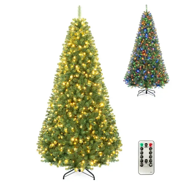 7 FT Pre-Lit Artificial Christmas Tree With 500 Dual Color LED Lights, 1181 Branch Tips Hinged PVC Xmas Tree With Remote Timer 9 Lighting Modes Foldable Metal Stand For Indoor Holiday Decor
