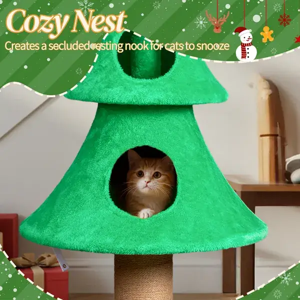 59in Large Tall Christmas Tree Cat Tower With 2 Cat Condos & Scratching Post, Soft Fleece Cat Tree With Teaser Toy & Sturdy Base & Built-in Openings For Indoor 