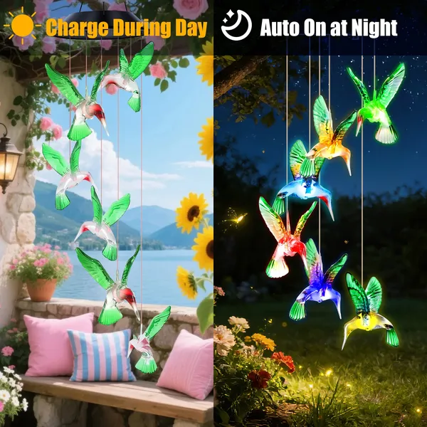 2PCS Hummingbird Solar Wind Chimes With Color Changing LED Lights, Waterproof Solar Powered Wind Chime For Outdoor Garden Patio Balcony Porch Home Decor, Ideal Gift For Mom Women Christmas — foto 4