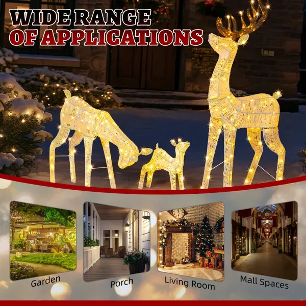 3-Piece Lighted Christmas Reindeer Family Set Outdoor Decorations, Weather Proof Deer Family Set Of 3 Christmas Ornament Home Decor Pre-lit 280 LED Warm White Lights, White