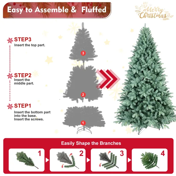 Artificial 8ft Blue Green Tint Christmas Tree With 2458 PE/PVC Mixed Branch Tips, Memory Wire+iron Wire, Hinged Premium & Foldable Base For Indoor Holiday Decorating