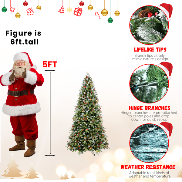 Artificial 5ft Green LED-lit Christmas Tree With 1113PE/PVC Mixed Branch Tips,Red Fruit And Pine Cone,Hinged Premium & Foldable Base For Indoor Holiday Decorating — foto 4