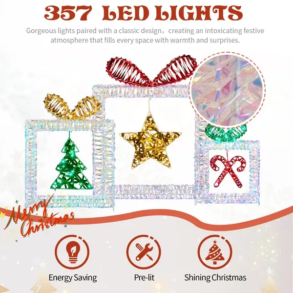 Set Of 3 Lighted Iridescent Cut-out Gift Box Christmas Decorations, Pre-lit Holiday Decor With 357 White LED Lights For Xmas Outdoor Indoor Decor Lighted Holiday Displays