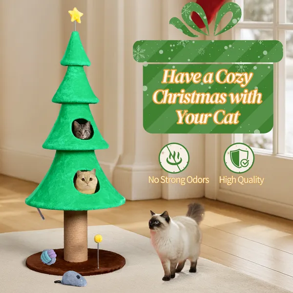 59in Large Tall Christmas Tree Cat Tower With 2 Cat Condos & Scratching Post, Soft Fleece Cat Tree With Teaser Toy &… - 4