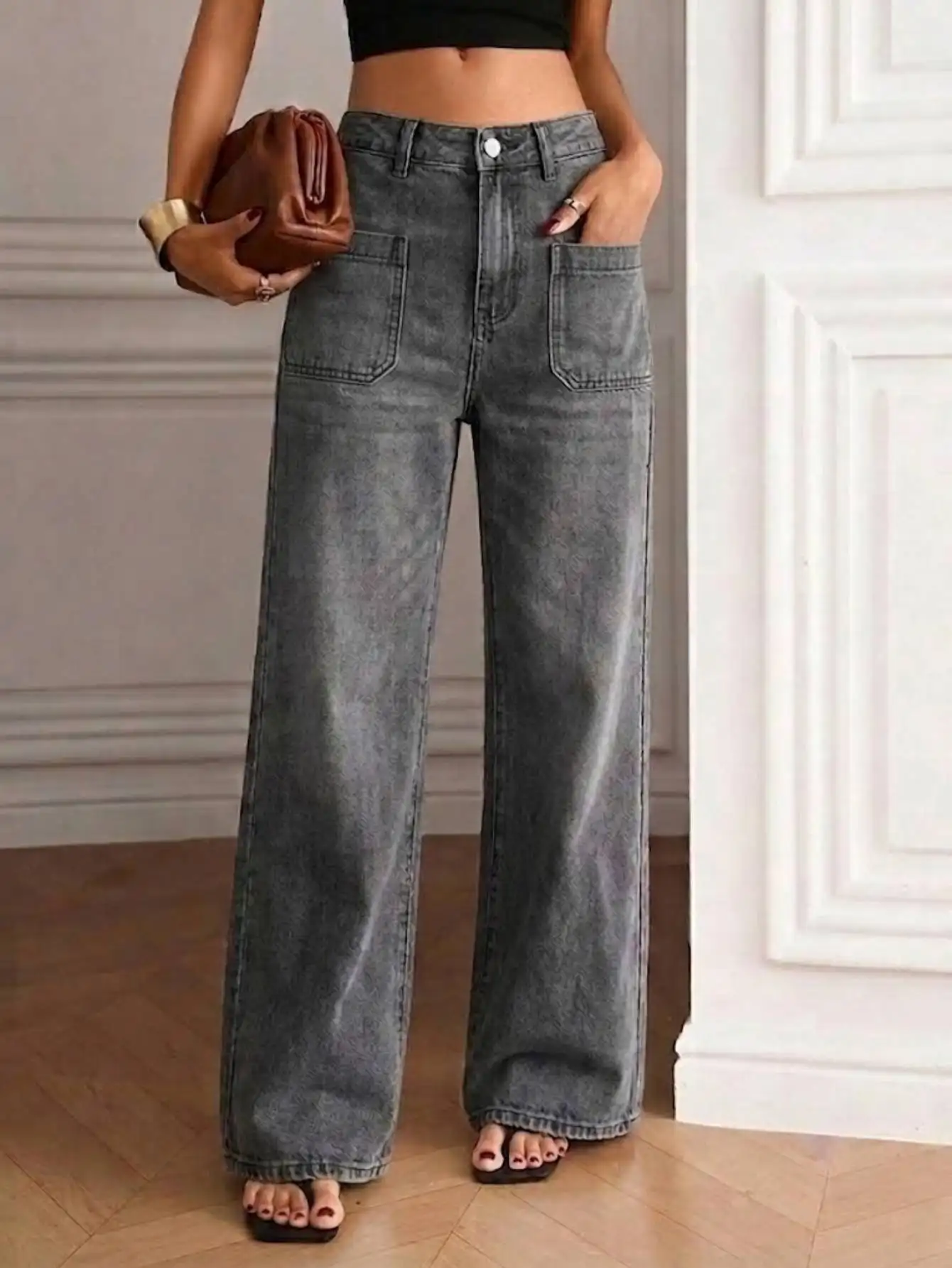 Women Gray High Waist Loose Denim Trousers