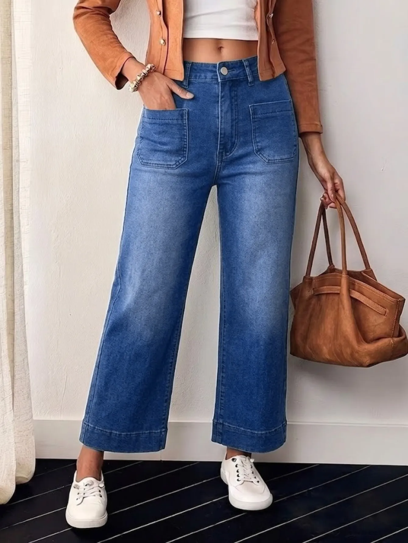 Women High Waist Cropped Flare Denim Jeans