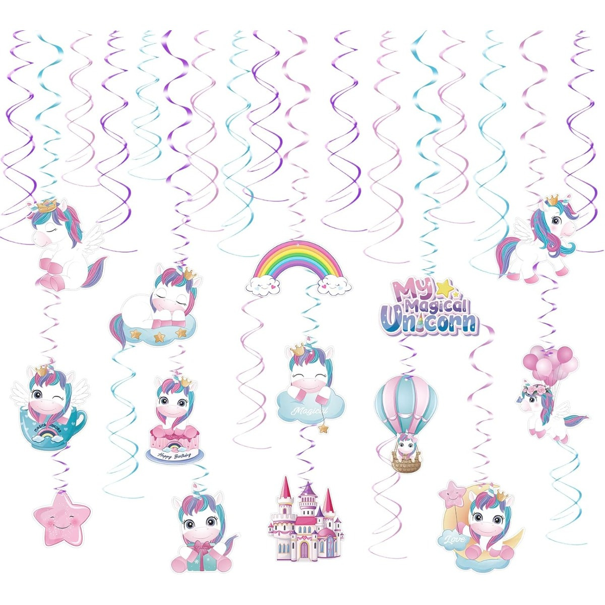 30-Piece Unicorn Hanging Swirls LANMOK Rainbow Unicorn Spiral Garland, Unicorn Party Ceiling Hangings, Decorations For Kids' Birthdays, First Day Of School, And Baby Showers
