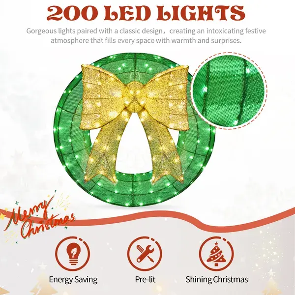 24in Pre-lit Outdoor Christmas Wreath Decoration, Lighted