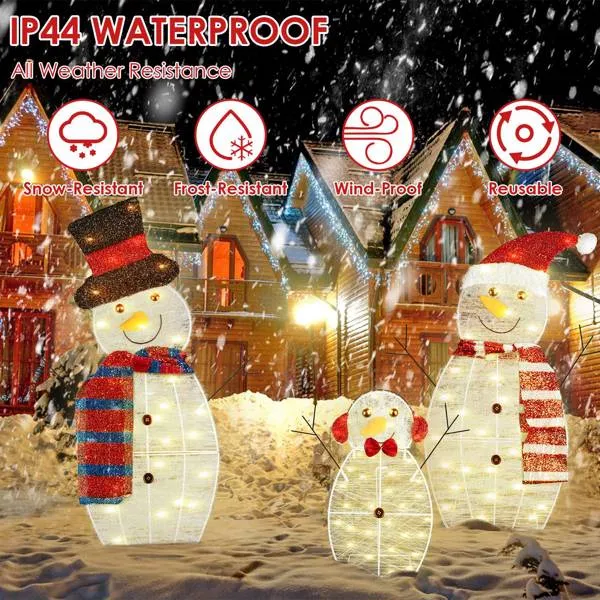 3-Piece 2D Outdoor Snowman Christmas Decorations Yard, 30 Inch Pre Lit Snowman Family With Led Lights Outside Indoor Holiday Lighted Christmas Decor For Lawn