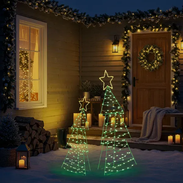 Set Of 2 Lighted Metal Christmas Tree Yard Decorations, Pre-lit Holiday Decor With 150 Green And Warm White LED Lights For Xmas Outdoor Indoor Decor Lighted Holiday Displays