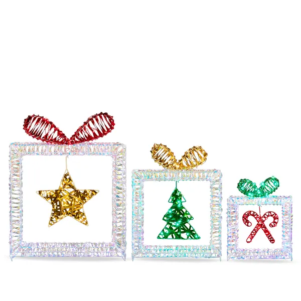 Set Of 3 Lighted Iridescent Cut-out Gift Box Christmas Decorations, Pre-lit Holiday Decor With 357 White LED Lights For Xmas Outdoor Indoor Decor Lighted Holiday Displays