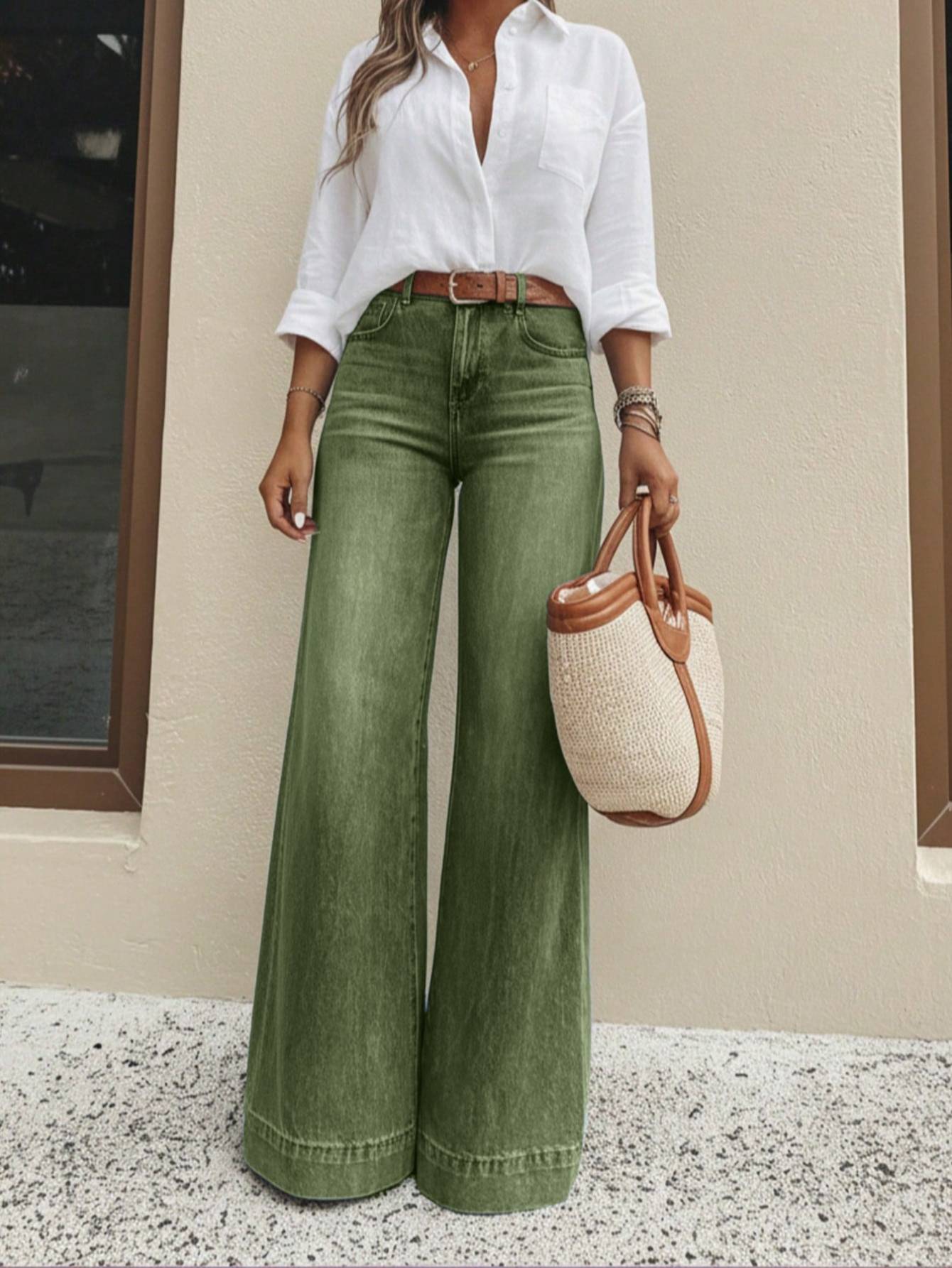 Wide leg floor-length denim jeans model full body view