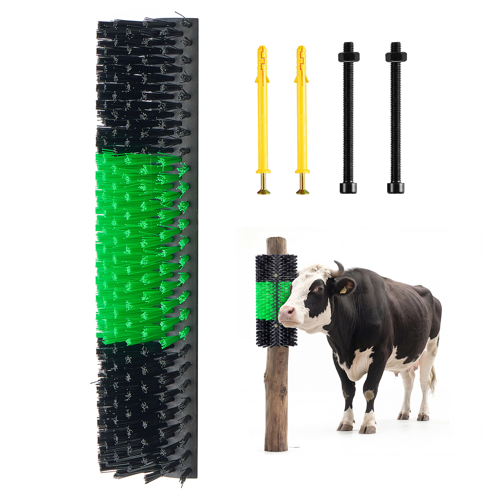 Livestock Scratching Brush, 1PC Goat Scratcher Brush Post With 4 Screws, 16.9" X 7.5" Cow Scratcher For Back Itch Relief, Massage Grooming Scratch Tool For Horse Cattle Sheep Pig, Green & Black