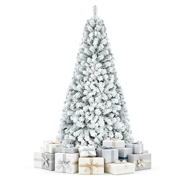 6 FT Snow Flocked Artificial Christmas Tree With 600 Branch Tips, Hinged PVC Xmas Tree Foldable Metal Stand Flame Retardant For Home Office Holiday Party Decor White Green