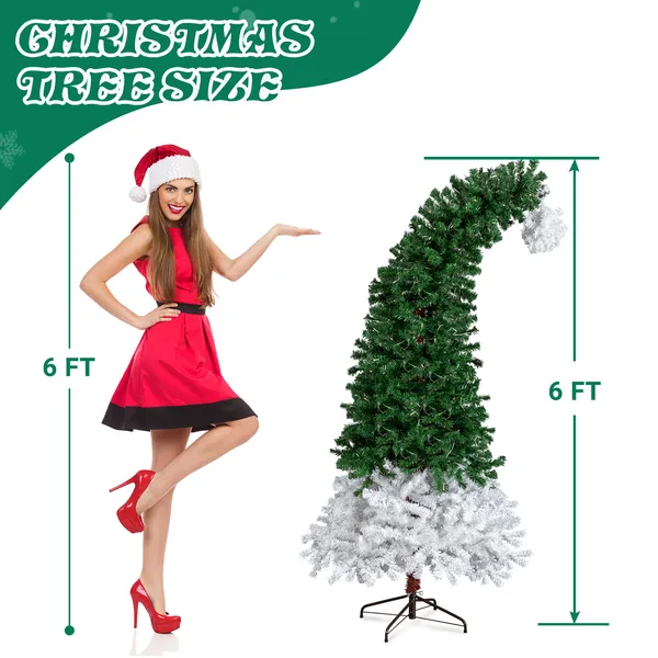 6 FT Santa Hat Style Pre-lit Christmas Tree, Hinged Artificial Xmas Tree Pine Tree With 250 Warm White Lights, 839 Branch Tips For Holiday Party Store Office Home, Green & White — foto 3