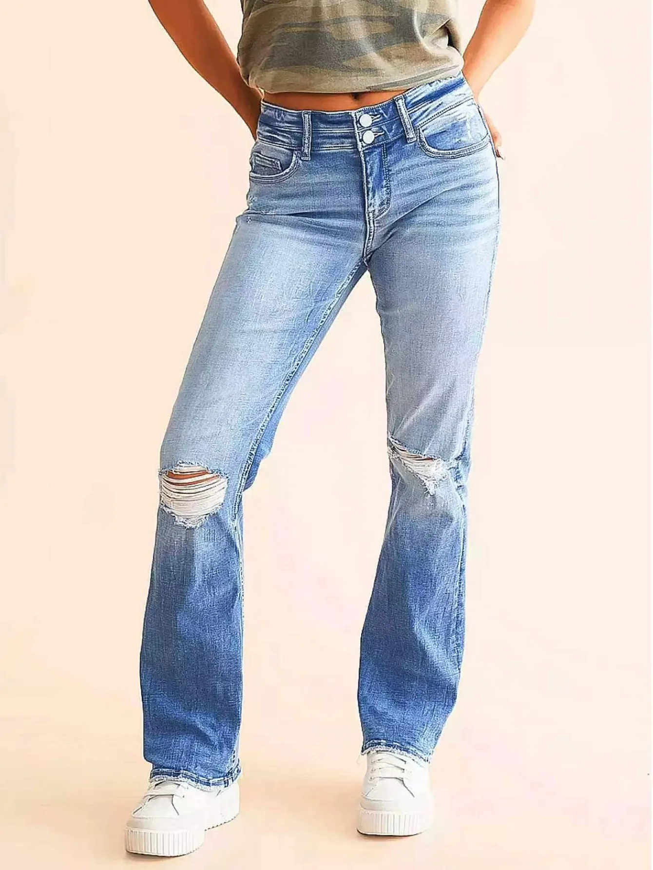 Women Double Button High Waist Gradient Ripped