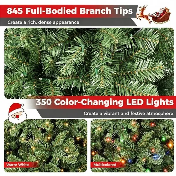 6 FT Pre-Lit Artificial Christmas Tree With 350 Dual Color LED Lights, 845 Branch Tips Hinged PVC Xmas Tree With Remote Timer 9 Lighting Modes Foldable Metal Stand For Indoor Holiday Decor — foto 4